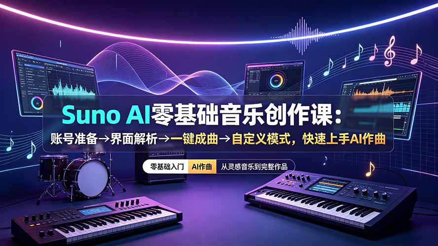 Suno AI零基础音乐创作课：账号准备→界面解析→一键成曲→自定义模式，快速上手AI作曲-伊亚库
