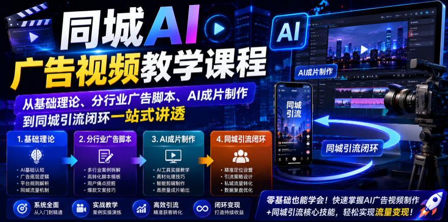 同城AI广告视频教学课程,从基础理论、分行业广告脚本、AI成片制作到同城引流闭环一站式讲透