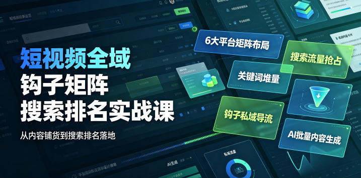 短视频全域钩子矩阵搜索排名实战课｜6大平台矩阵布局、关键词堆量抢占搜索流量、钩子私域导流、AI批量内容生成-伊亚库
