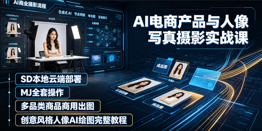 AI电商产品与人像写真摄影实战课|SD本地云端部署、MJ全套操作、多品类商品商用出图、创意风格人像AI绘图完整教程