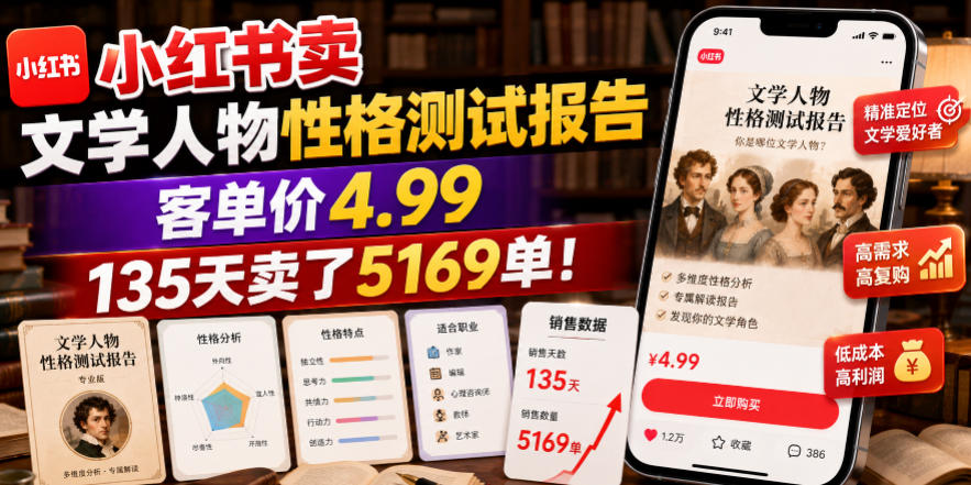 小红书卖文学人物性格测试报告，客单价4.99，135天卖了5169单！-伊亚库