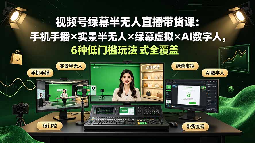 视频号绿幕半无人直播带货课：手机手播×实景半无人×绿幕虚拟×AI数字人，6种低门槛玩法全覆盖-伊亚库