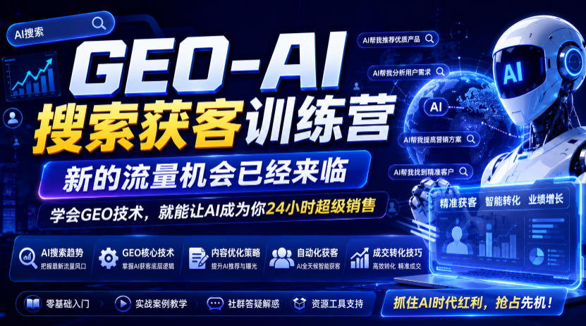 GEO-AI搜索获客训练营,新的流量机会已经来临,学会GEO技术,就能让AI成为你24小时超级销售