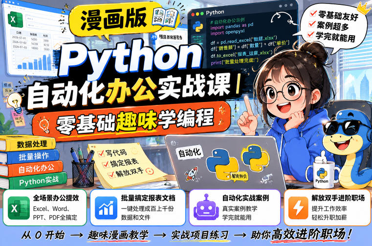 漫画版Python自动化办公实战课|零基础趣味学编程,全场景办公提效、批量搞定报表文档、解放双手进阶职场