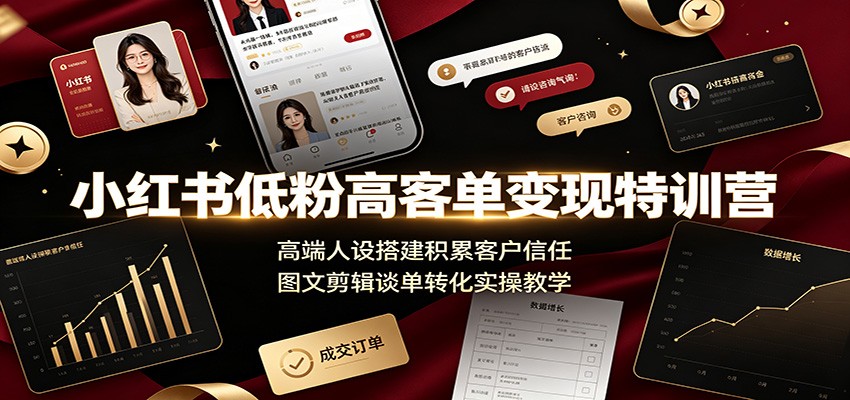 小红书低粉高客单变现特训营：高端人设搭建积累客户信任，图文剪辑谈单转化实操教学-伊亚库