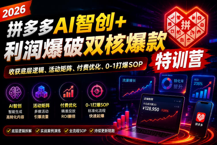 2026拼多多AI智创+利润爆破双核爆款特训营,收获底层逻辑、活动矩阵、付费优化、0-1打爆SOP