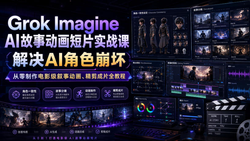 Grok Imagine AI故事动画短片实战课｜解决AI角色崩坏，从零制作电影级叙事动画、精剪成片全教程(中英字幕)-伊亚库