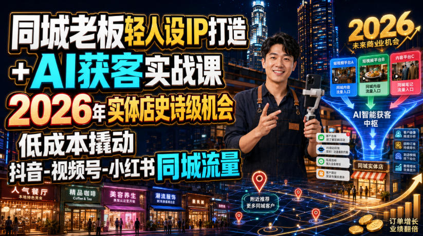 同城老板轻人设IP打造+AI获客实战课，2026年实体店史诗级机会，低成本撬动抖音-视频号-小红书同城流量-伊亚库