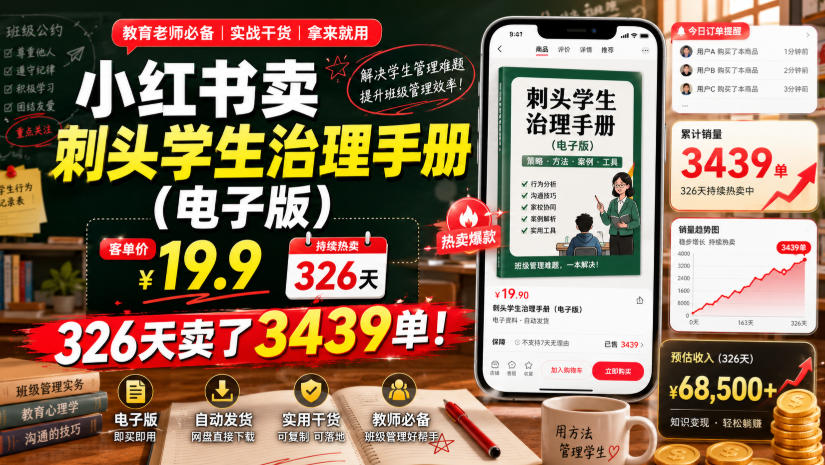 小红书卖刺头学生治理手册(电子版),客单价19.9,326天卖了3439单!