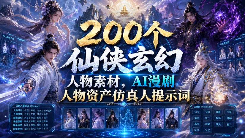 200个仙侠玄幻人物素材，AI漫剧人物资产仿真人提示词-伊亚库