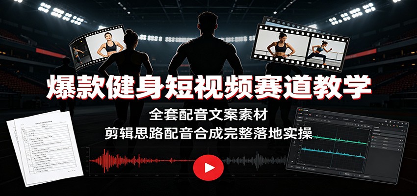 爆款健身短视频赛道教学：全套配音文案素材，剪辑思路配音合成完整落地实操-伊亚库