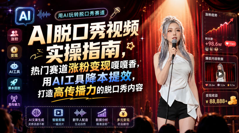 AI脱口秀视频实操指南,热门赛道涨粉变现嘎嘎香,用AI工具降本提效,打造高传播力的脱口秀内容