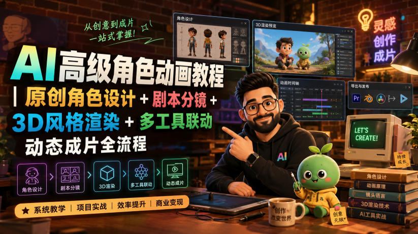AI高级角色动画教程|原创角色设计+剧本分镜+3D风格渲染+多工具联动动态成片全流程【中英字幕】