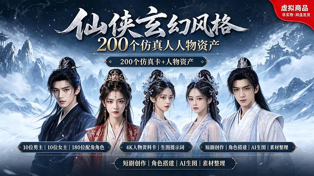 200个仙侠玄幻仿真人素材◆10男主×10女主×180配角，4K资料卡+AI生图提示词，漫剧必备-伊亚库