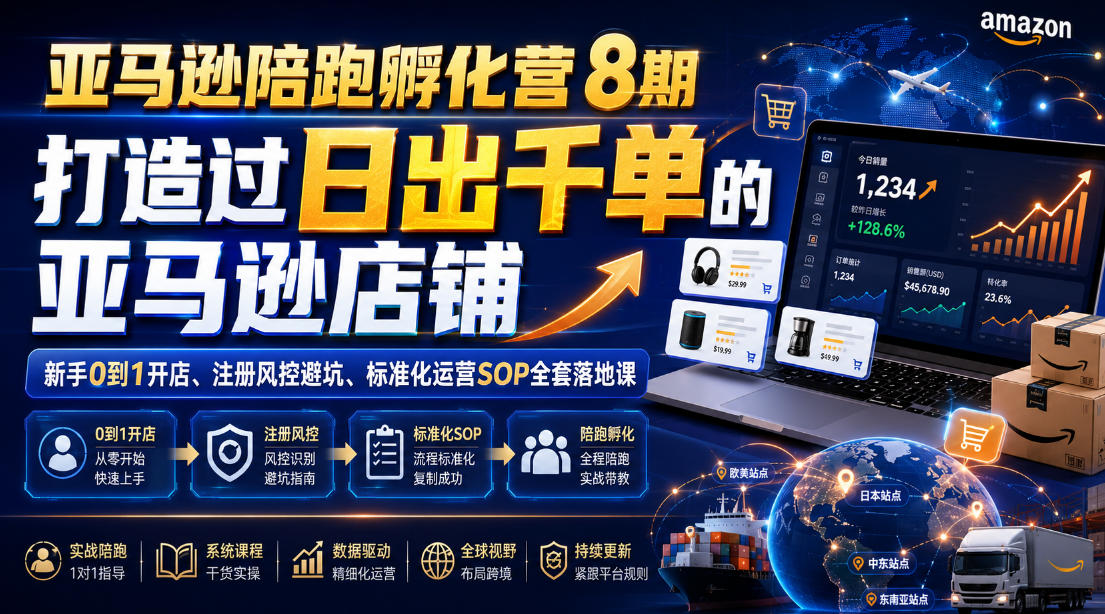 亚马逊陪跑孵化营8期,打造过日出千单的亚马逊店铺,新手0到1开店、注册风控避坑、标准化运营SOP全套落地课
