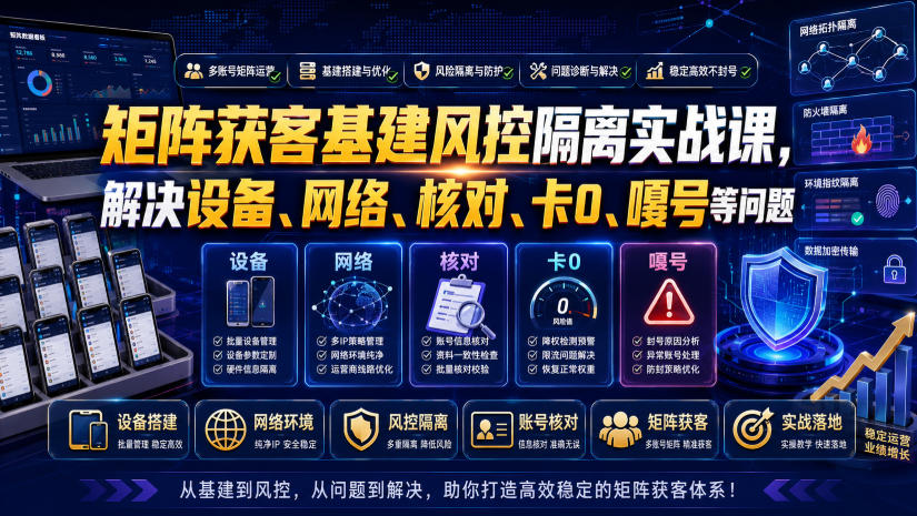 矩阵获客基建风控隔离实战课，解决设备、网络、核对、卡0、嘎号等问题-伊亚库