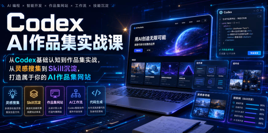 Codex AI作品集实战课，从Codex基础认知到作品集实战，从灵感搜集到Skill沉淀，打造属于你的AI作品集网站-伊亚库