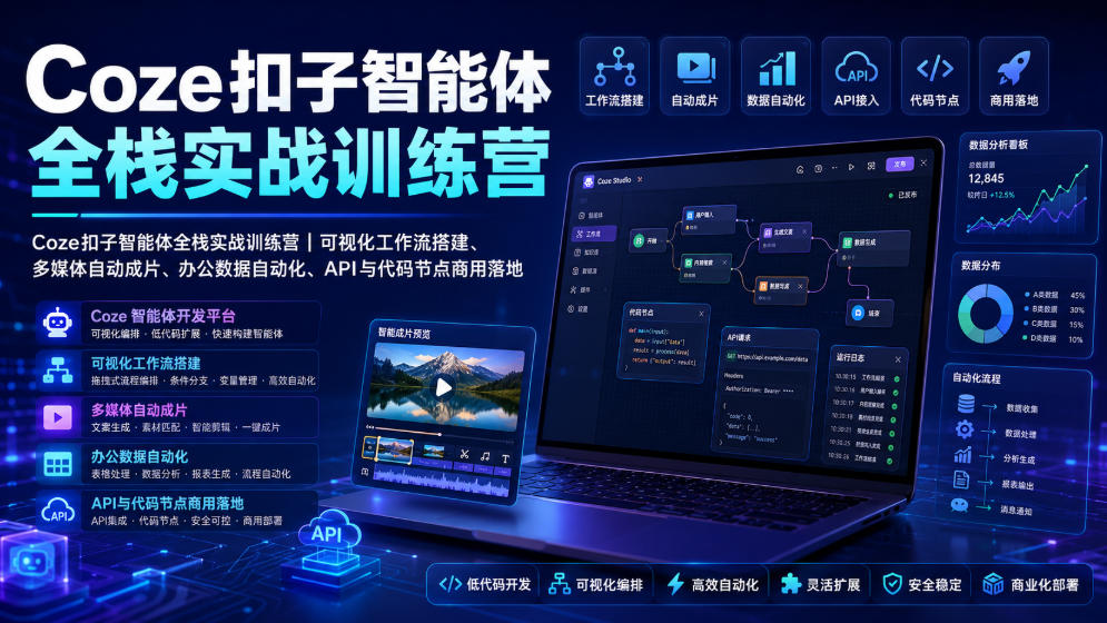 Coze扣子智能体全栈实战训练营｜可视化工作流搭建、多媒体自动成片、办公数据自动化、API与代码节点商用落地-伊亚库