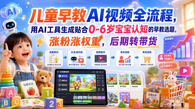 儿童早教AI视频全流程，用AI工具生成贴合0-6岁宝宝认知的早教选题，涨粉涨权重，后期转带货-伊亚库
