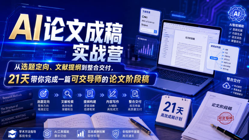 AI论文成稿实战营，从选题定向、文献提纲到整合交付，21天带你完成一篇可交导师的论文阶段稿-伊亚库