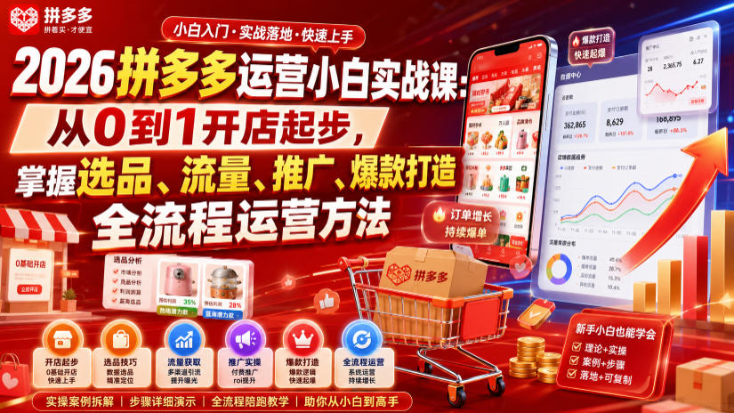 2026拼多多运营小白实战课：从0到1开店起步，掌握选品、流量、推广、爆款打造全流程运营方法-伊亚库