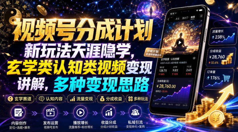 视频号分成计划新玩法天涯隐学，玄学类认知类视频变现讲解，多种变现思路-伊亚库