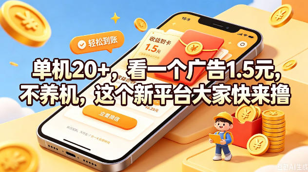 单机20+,看一个广告1.5米,不养机,这个新平台大家快来撸【揭秘】
