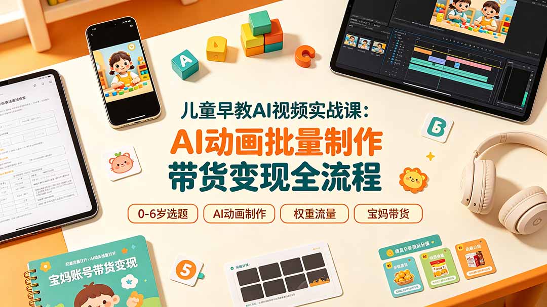 儿童早教AI视频实战课：0-6岁认知选题｜AI动画批量制作｜权重流量拉升｜宝妈账号带货变现全流程-伊亚库