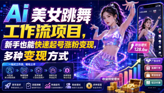 Ai美女跳舞工作流项目，新手也能快速起号涨粉变现，多种变现方式-伊亚库
