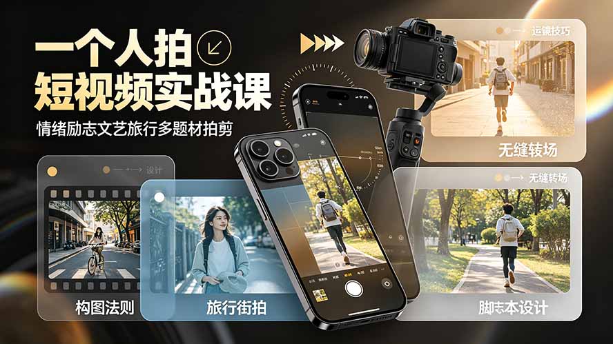 一个人拍短视频实战课：情绪励志文艺旅行多题材×五大景别×黄金构图×八大运镜，从拍摄到成片高效创作-伊亚库