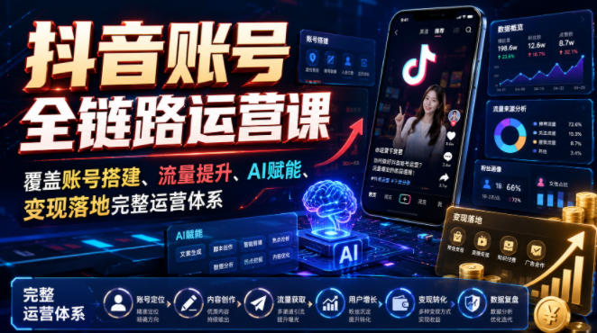 抖音账号全链路运营课，覆盖账号搭建、流量提升、AI赋能、变现落地完整运营体系-伊亚库