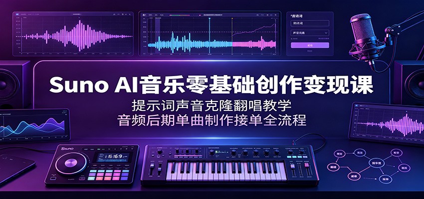 Suno AI音乐零基础创作变现课：提示词声音克隆翻唱教学，音频后期单曲制作接单全流程-伊亚库