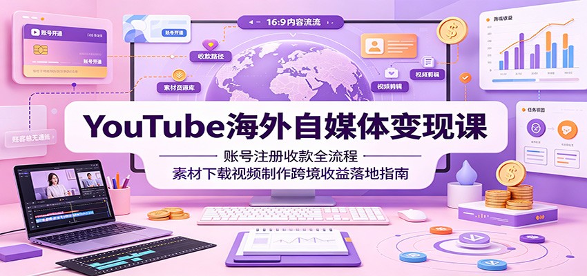 YouTube海外自媒体变现课：账号注册收款全流程，素材下载视频制作跨境收益落地指南-伊亚库