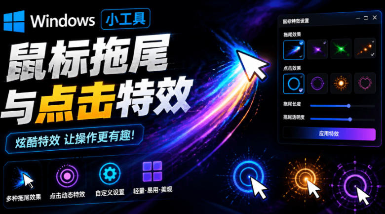 Windows特效小工具！一键给你的鼠标添加拖尾与点击动态特效，吾爱出品，免费使用Mouse Trail-伊亚库