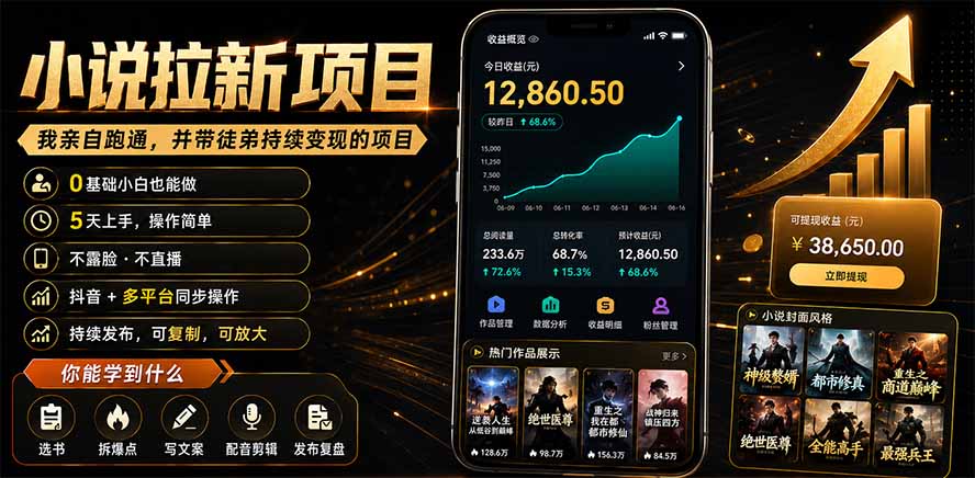 抖音及多平台小说拉新项目：我亲自跑通并持续带徒弟实操｜0基础小白5天上手快速变现-伊亚库