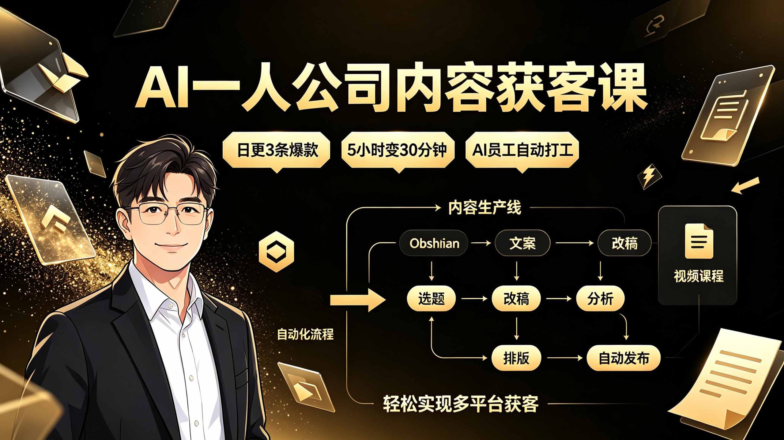 AI一人公司内容获客课:日更3条爆款×5小时变30分钟×AI员工自动打工,轻松实现多平台获客-伊亚库