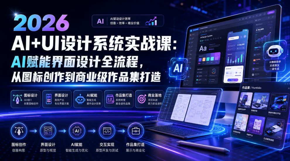 2026 AI+UI设计系统实战课:AI赋能界面设计全流程,从图标创作到商业级作品集打造