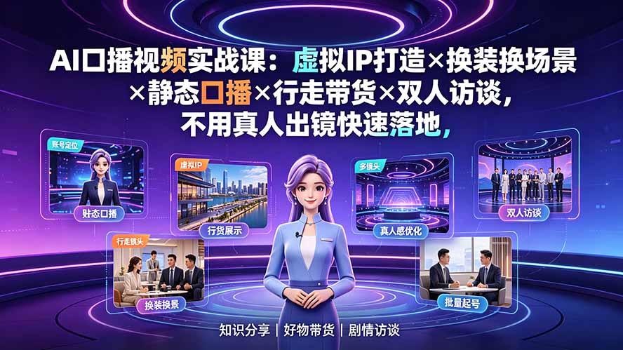 AI口播视频实战课：虚拟IP打造×换装换场景×静态口播×行走带货×双人访谈，不用真人出镜快速落地-伊亚库