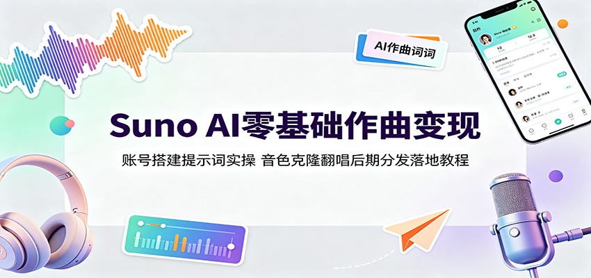 Suno AI零基础作曲变现：账号搭建提示词实操，音色克隆翻唱后期分发落地教程-伊亚库