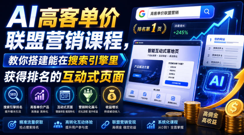 AI高客单价联盟营销课程，教你搭建能在搜索引擎里获得排名的互动式页面，引来流量，把访客转化为高佣金的成交【原创双语字幕】-伊亚库