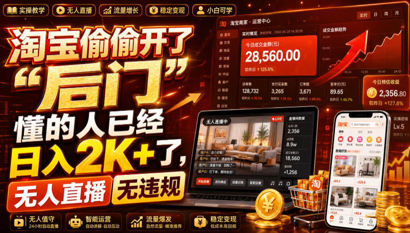 淘宝偷偷开了“后门”,懂的人已经日入2K+了,无人直播无违规,一台电脑=一家24小时营业的线上门店【揭秘】