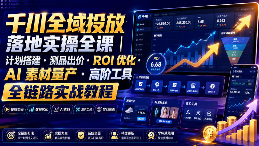 千川全域投放落地实操全课|计划搭建・测品出价・ROI优化・AI素材量产・高阶工具全链路实战教程