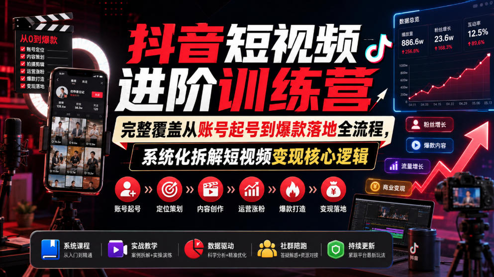 抖音短视频进阶训练营，完整覆盖从账号起号到爆款落地全流程，系统化拆解短视频变现核心逻辑-伊亚库