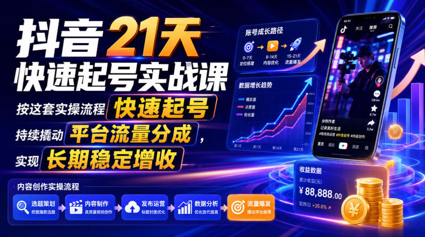 抖音21天快速起号实战课，按这套实操流程快速起号，持续撬动平台流量分成，实现长期稳定增收-伊亚库