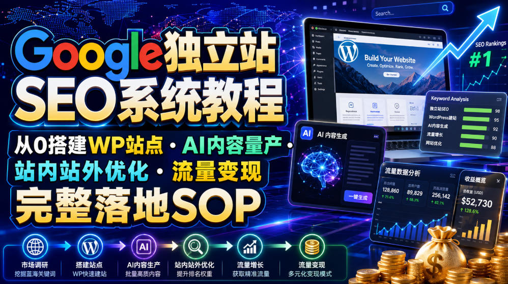 Google独立站SEO系统教程，从0搭建WP站点・AI内容量产・站内站外优化・流量变现完整落地SOP(2026年7月)-伊亚库