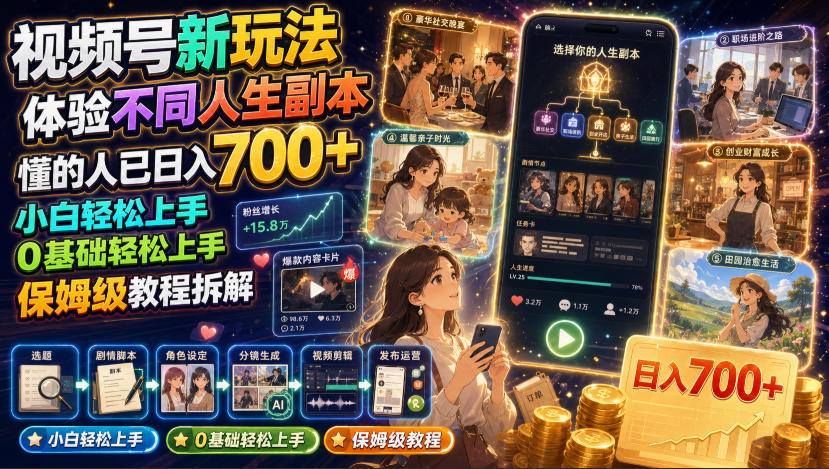 视频号新玩法体验不同人生副本,懂的人已日入700+,小白轻松上手,0基础轻松上手,保姆级教程拆解