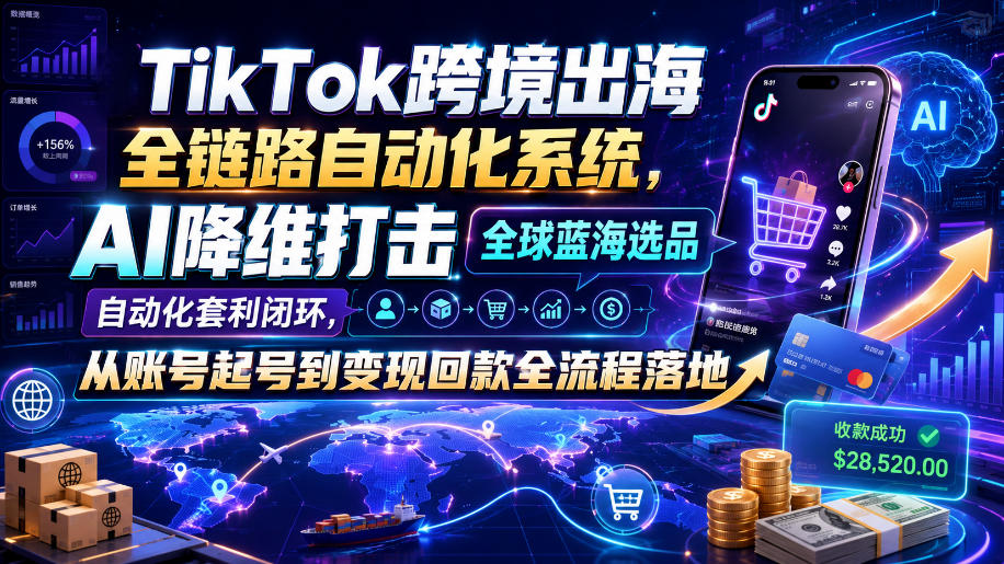 TikTok跨境出海全链路自动化系统,AI降维打击全球蓝海选品自动化套利闭环,从账号起号到变现回款全流程落地(2026年7月)