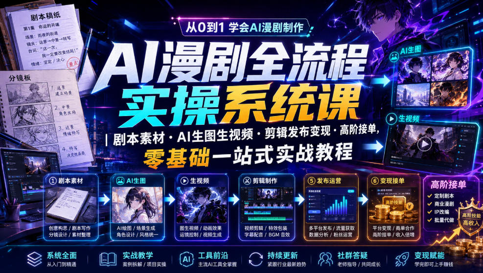 AI漫剧全流程实操系统课｜剧本素材・AI生图生视频・剪辑发布变现・高阶接单，零基础一站式实战教程-伊亚库