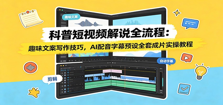 科普短视频解说全流程：趣味文案写作技巧，AI配音字幕预设全套成片实操教程-伊亚库