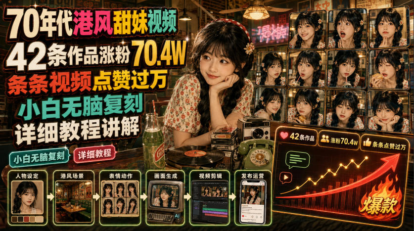 70年代港风甜妹视频，42条作品涨粉70.4W，条条视频点赞过万，小白无脑复刻，详细教程讲解-伊亚库